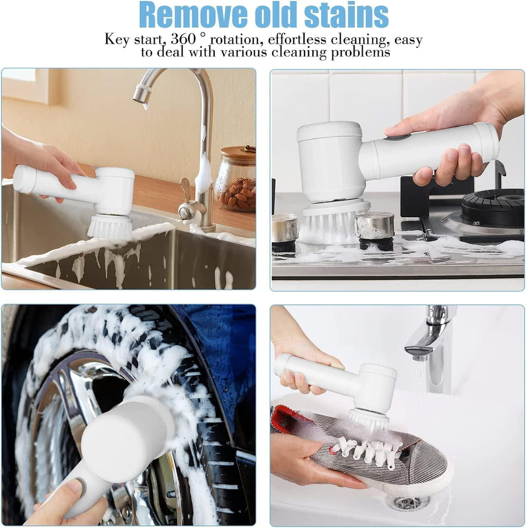 5-in-1 Cordless Handheld Electric Cleaning Brush – Rechargeable Power Scrubber for Bathroom, Kitchen sinks, tubs & Tiles (White) bynijf-tg