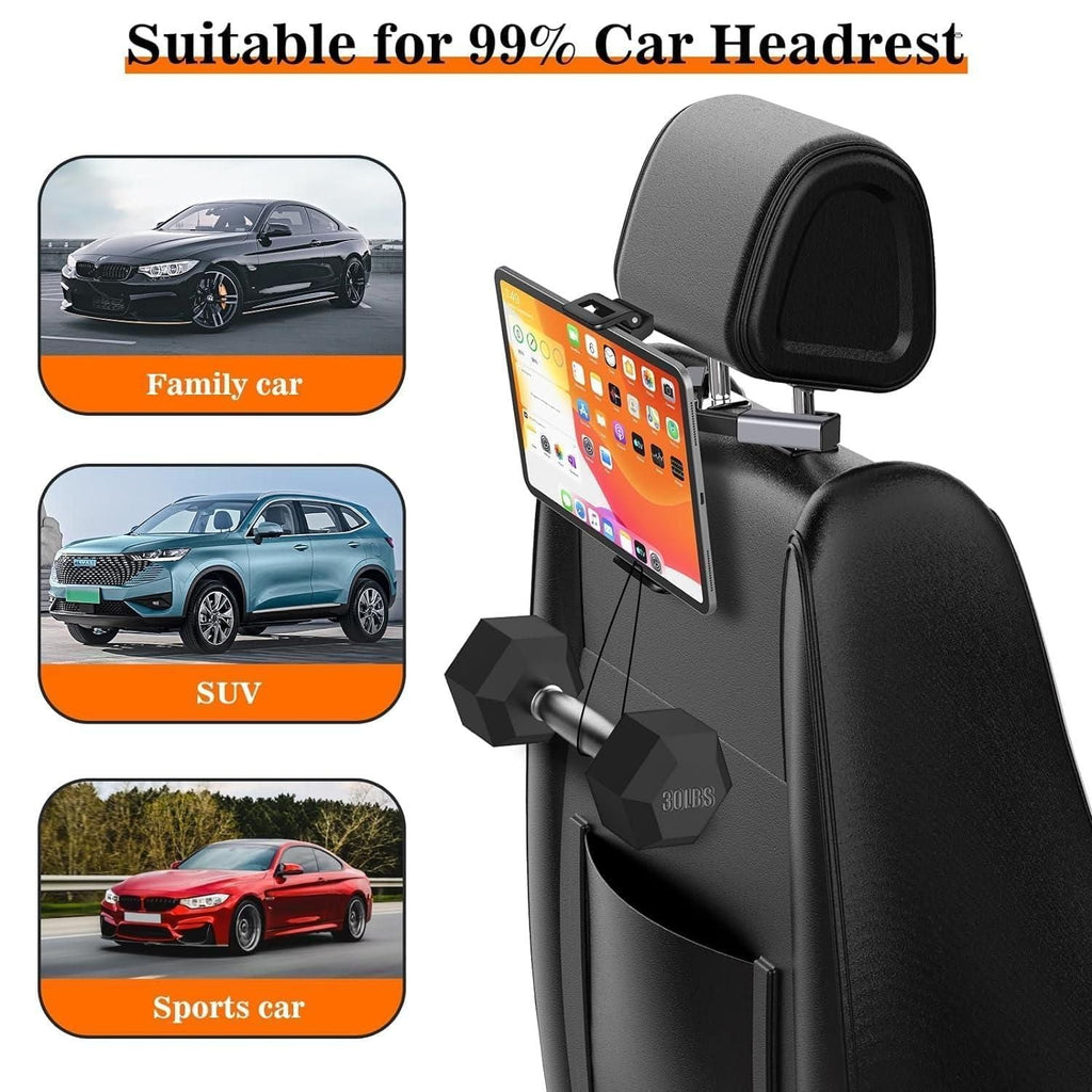 Car Headrest Phone & Tablet Holder with Telescopic Adjustable Arm – 360° Rotatable Rear Seat Mobile/iPad Mount bynijf-tg