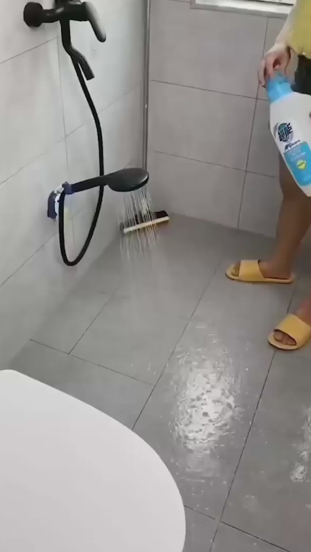 2-in-1 Floor Brush with Long Handle - Combines a stiff bristle floor brush and rubber wiper for scrubbing and water removal in one tool